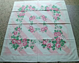 Vintage Fiatelle Cotton Floral Print Tablecloth Red Rose Pink Stripe 42 X 50 In
