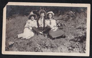Antique Vintage Photograph Two Women In Hats W/ Man In Hat Sitting On Ground