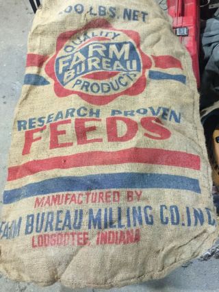 Vintage Rustic Red And Blue Burlap Printed Farm Bureau Feed Sack