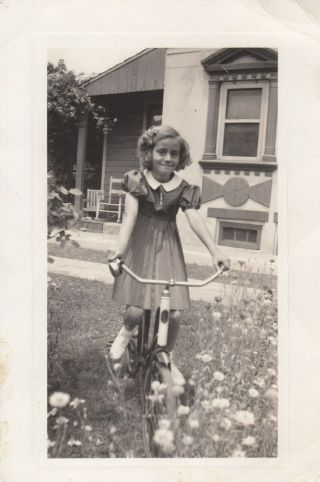 Vintage Photo Cute Girl In Dress Riding Antique Bicycle Bike
