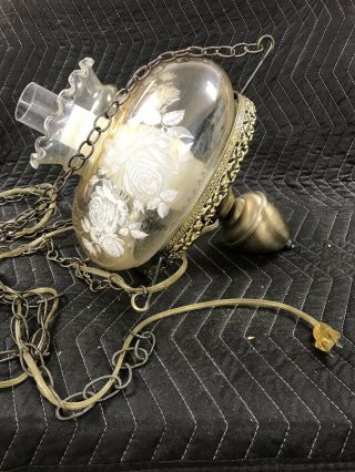 Vintage Hurricane Hanging Swag Lamp Amber with white roses Glass Globe Brass 6