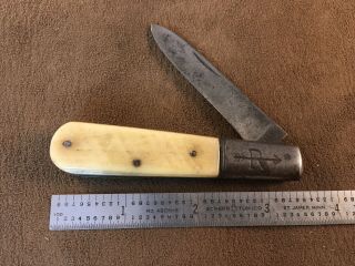 Vintage Russell Barlow Knife Bone Handle " R " With Arrow Antique