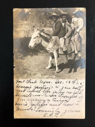 Antique Real Photo Postcard C1905 Black Boys On Donkey Fort Clark,  Tx (21400)