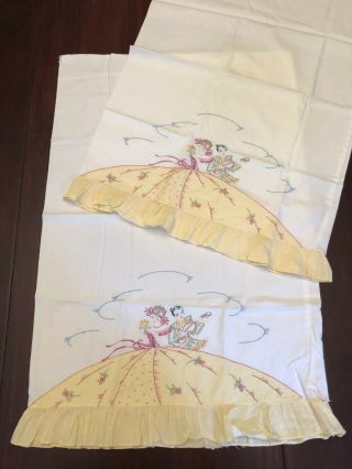 Vintage Pair Embroidered Pillowcases Double Southern Belle Yellow Ruffled Skirt
