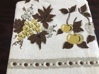 Vintage Table Cloth Printed Linen Brown Yellow Gold Fruit 50’s Euc