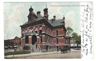 1909 Postcard Police Headquarters,  Detroit Michigan Mi Horse Buggy
