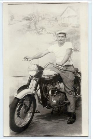 Man In White T - Shirt On Triumph Motorcycle,  C.  1940s,  Photo Postcard