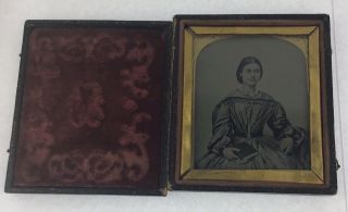19th C Cased Ambrotype Of A Young Lady Seated With Bible,  Hand Coloured