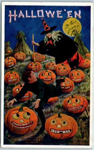 1910s Artist - Signed Wall Halloween Postcard Witch Chases Boy / Jols