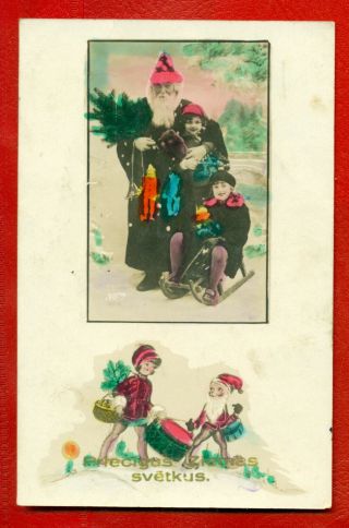 Latvia Lettland Christmas Santa Claus Black Robe Vintage Postcard 1750