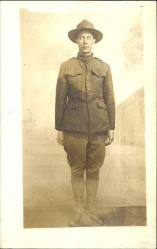 Wwi Era Us Army Soldier Uniform Standing Portrait Rppc Real Photo Postcard