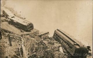 Train Wreck Rppc Trains Derailed By The Water Real Photo Post Card Vintage