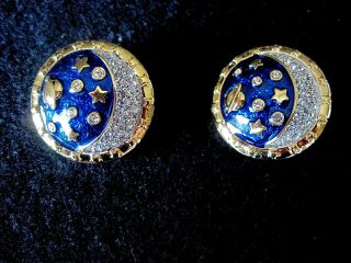 Swarovski Swan Signed Celestial Gold Tone Blue Star Moon Clip Earrings 712
