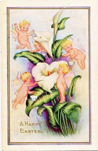 Fairies W/ Rainbow Wings Busily Paint Lilies Whitney Easter Fantasy Postcard