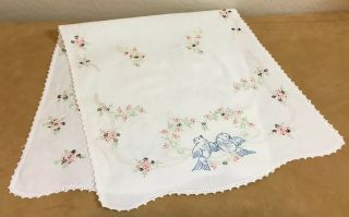 Vintage Dresser Scarf,  Flower And Bird Embroidery,  White,  Crocheted Trim Edges