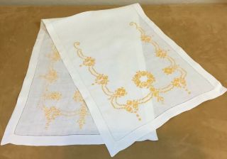 Vintage Dresser Scarf Or Table Runner,  Linen,  Flower Embroidery,  Linen