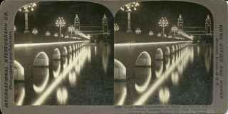 Rare 1905 Portland Lewis & Clark Exposition Stereoview - Bridge Of Nations Night