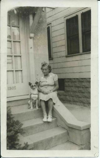Woman And Dog On Porch Steps 1940s Vintage Black And White Photo