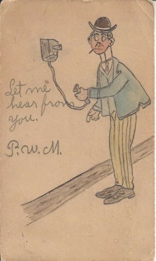 Postcard Let Me Hear From You Hand Drawn Postal Card Postmarked 1908 Hull Kans