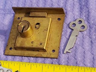 Old Vtg Corbin Cabinet/drawer Lock Brass 2 - 1/2 " X 2 - 1/4 " X 9/16 " W/ Key