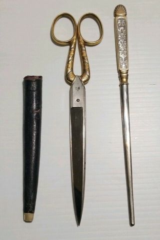 Vtg Germany Sperry And Alexander Scissors And Letter Opener Set W/ Leather Case