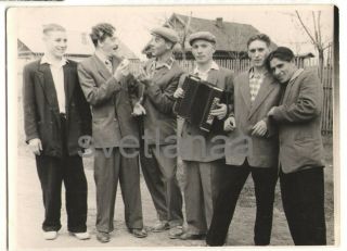 1950s Friends Music Accordion Young Men Couple Guys Soviet Types Vintage Photo