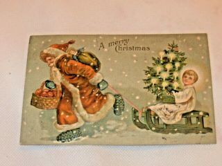 Vtg.  Christmas Postcard Early 1900s Santa Claus Pulls Sled W/child & Tree