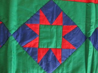 Vtg Hand Made Quilted Table Runner,  Star Blocks,  Long 84 ",  Red Blue Green
