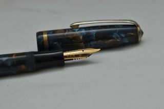 Lovely Vintage Burnham B48 Fountain Pen Blue & Brown Marbled - Left Hander Nib