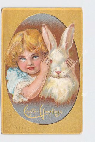 Ppc Postcard Easter Bunny Rabbit With Little Girl Covering His Eyes Embossed
