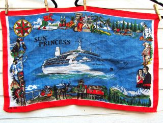 Vtg Sun Princess Cruise Ship Irish Linen Tea Towel Ocean Liner Souvenir Scenic