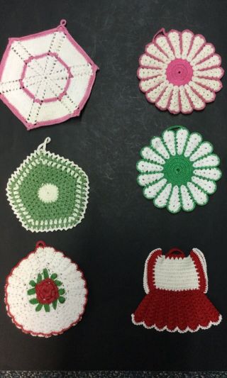 6 Vintage Handmade Crochet Pot Holders Red Green Pink White Flower Dress