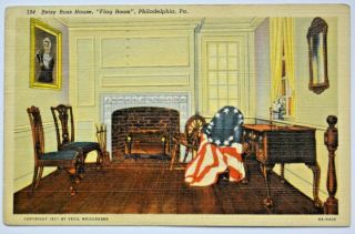 Old Postcard Betsy Ross House Flag Room Philadelphia Pennsylvania 1942 Linen Vtg