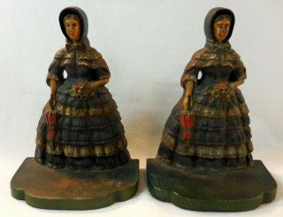 Antique Bradley & Hubbard Polychrome Iron Bookends Flower Lady Woman Doorstop
