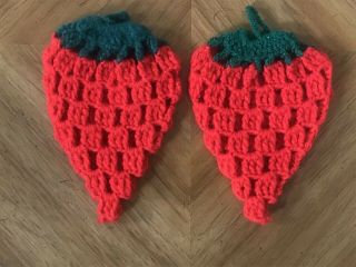 Vintage Strawberry Crocheted Pot Holders Knitted Red Fruit Hot Trivet