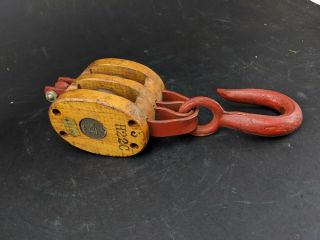 Vintage Wooden Double Pulley Block And Tackle Anvil Logo 6 H22c Primitive