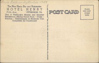 Pittsburgh PA Hotel Henry Bar GREAT ART DECO LINEN Postcard 2