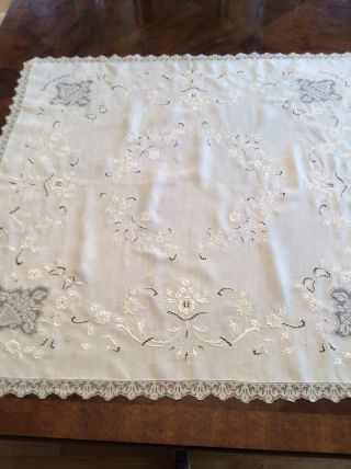 Vintage Linen Tablecloth Cut Work,  Satin Stitch Embroidery,  Filet Inserts & Trim