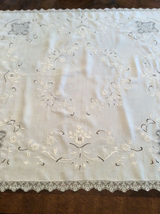 Vintage Linen Tablecloth Cut Work,  Satin Stitch Embroidery,  Filet Inserts & Trim 2