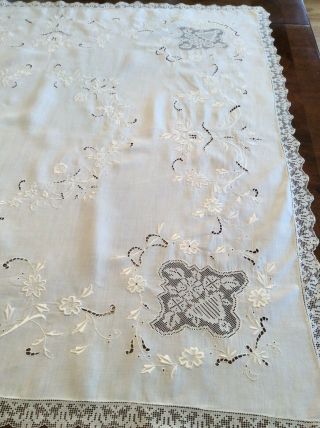 Vintage Linen Tablecloth Cut Work,  Satin Stitch Embroidery,  Filet Inserts & Trim 4