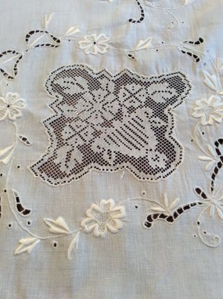 Vintage Linen Tablecloth Cut Work,  Satin Stitch Embroidery,  Filet Inserts & Trim 5