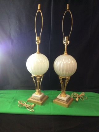 2 Antique Vintage Table Lamps With Milk Glass & Marble Base