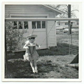 Found Photo Vintage Snapshot Ca.  1965 Young Lady Sunglasses On Swing Easter Hat