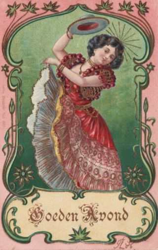 Vibrant Gold Embel.  Pretty Lady Senorita Dance Elegant Embossed 1903 Gem
