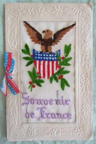 Wwi Era Souvenir De France Embroidered Silk Antique Us Patriotic Postcard