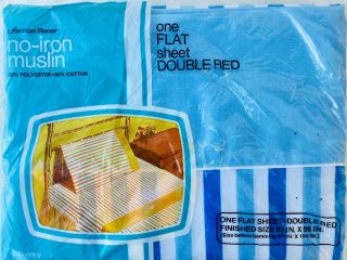 Vintage 1960s Flat Double Bed Sheet Blue Stripes Boys Room Beach House