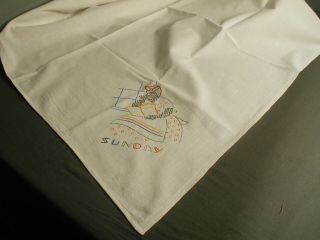 Muslin Feed Sack Table Cloth - Embroidered W/ Lady & Sunday - 36 " X 34 " T 41