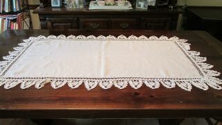 Ivory Linen,  Extra Large - Dresser Scarf - Alter Cloth - Crocheted Edge - Vintage