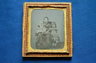 1/6th Plate Ambrotype Of A Young Mother With Her 2 Children