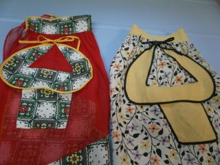 2 Vintage Half Aprons With Unusual Basket Pockets - Red Sheer - Yellow - Flowers